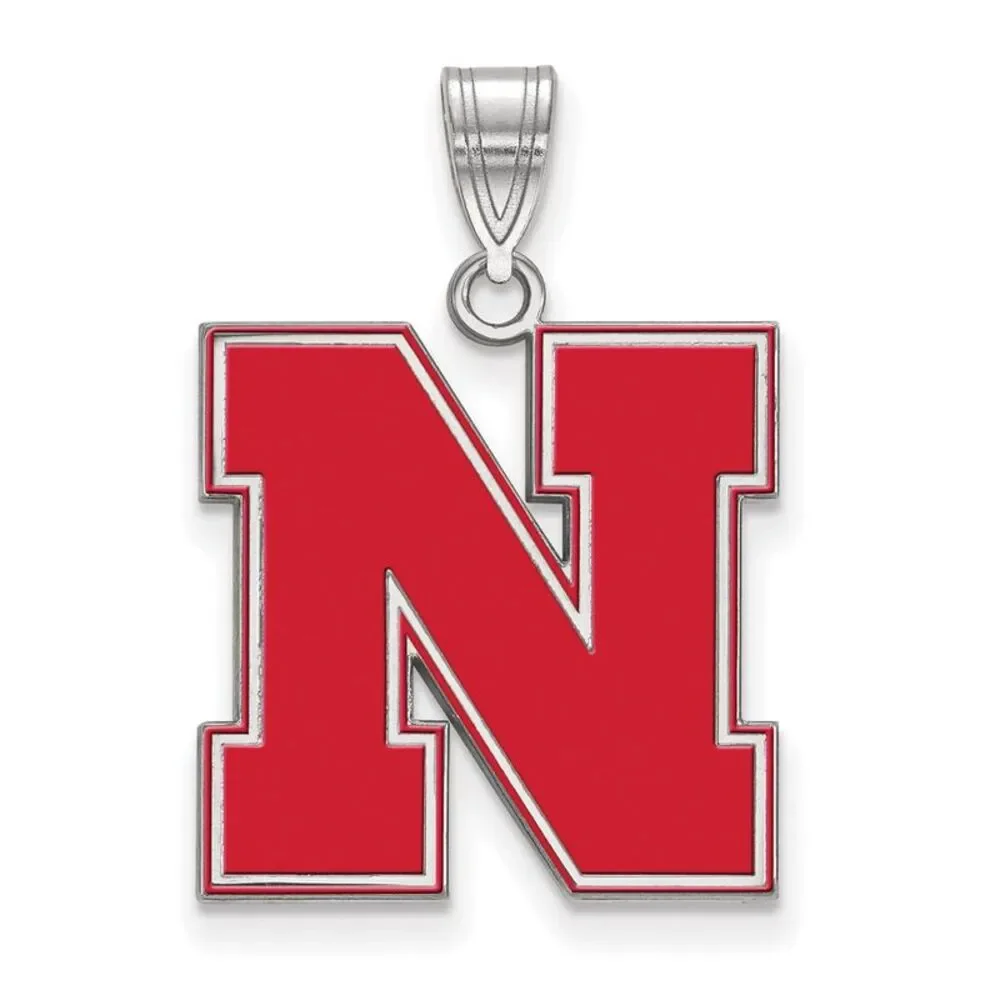 Sterling Silver Rhodium Plated U. of Nebraska LG Enamel 'N' Pendant